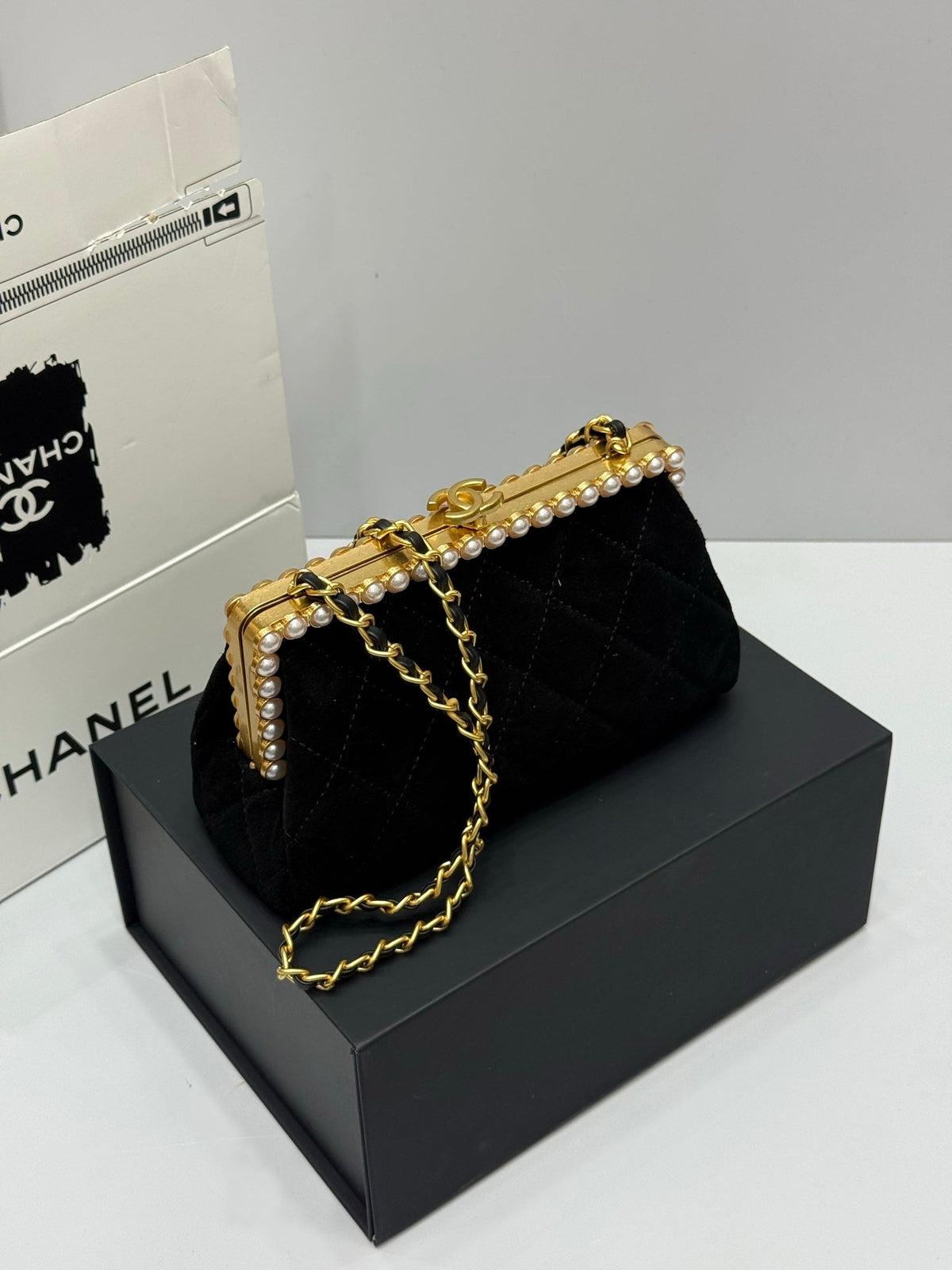 Chanel 2026 Pearl Clutch Black Gold Velvet Leather