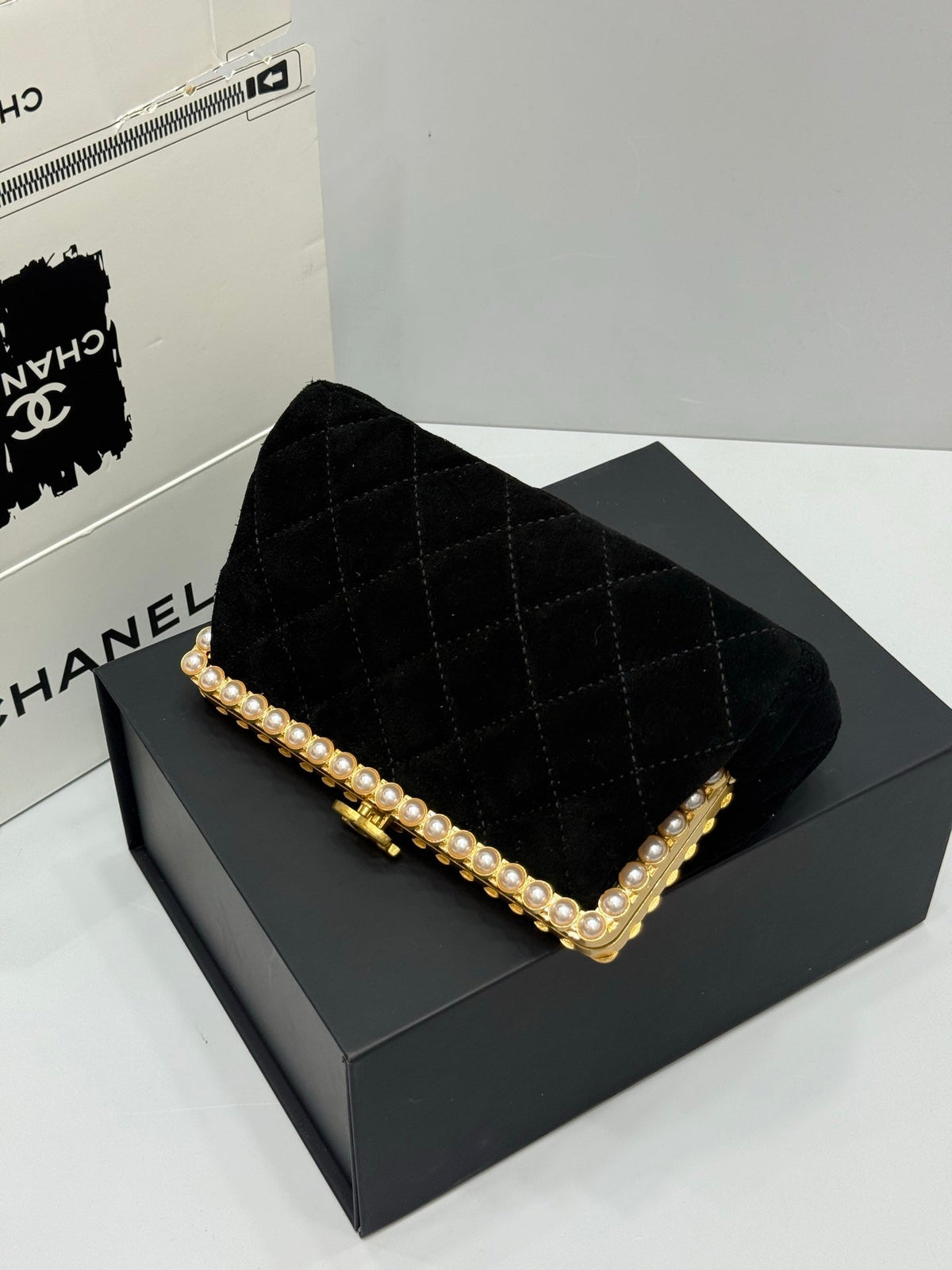 Chanel 2026 Pearl Clutch Black Gold Velvet Leather