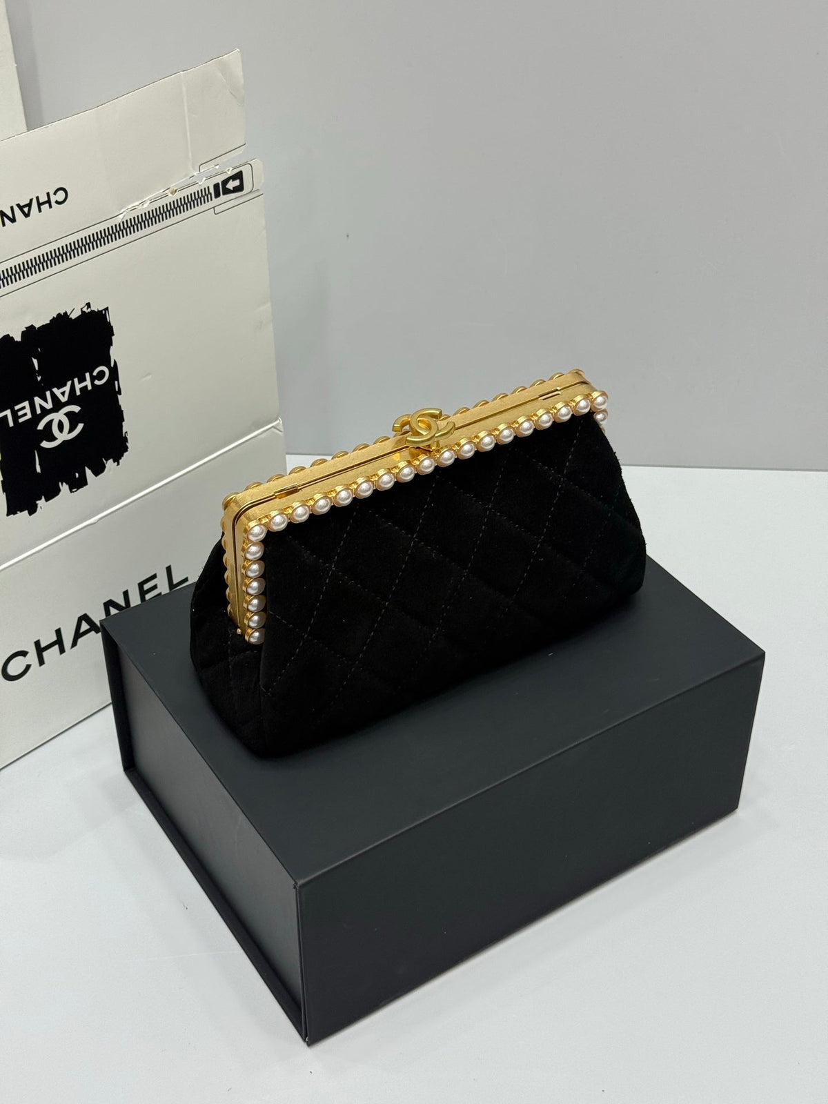 Chanel 2026 Pearl Clutch Black Gold Velvet Leather