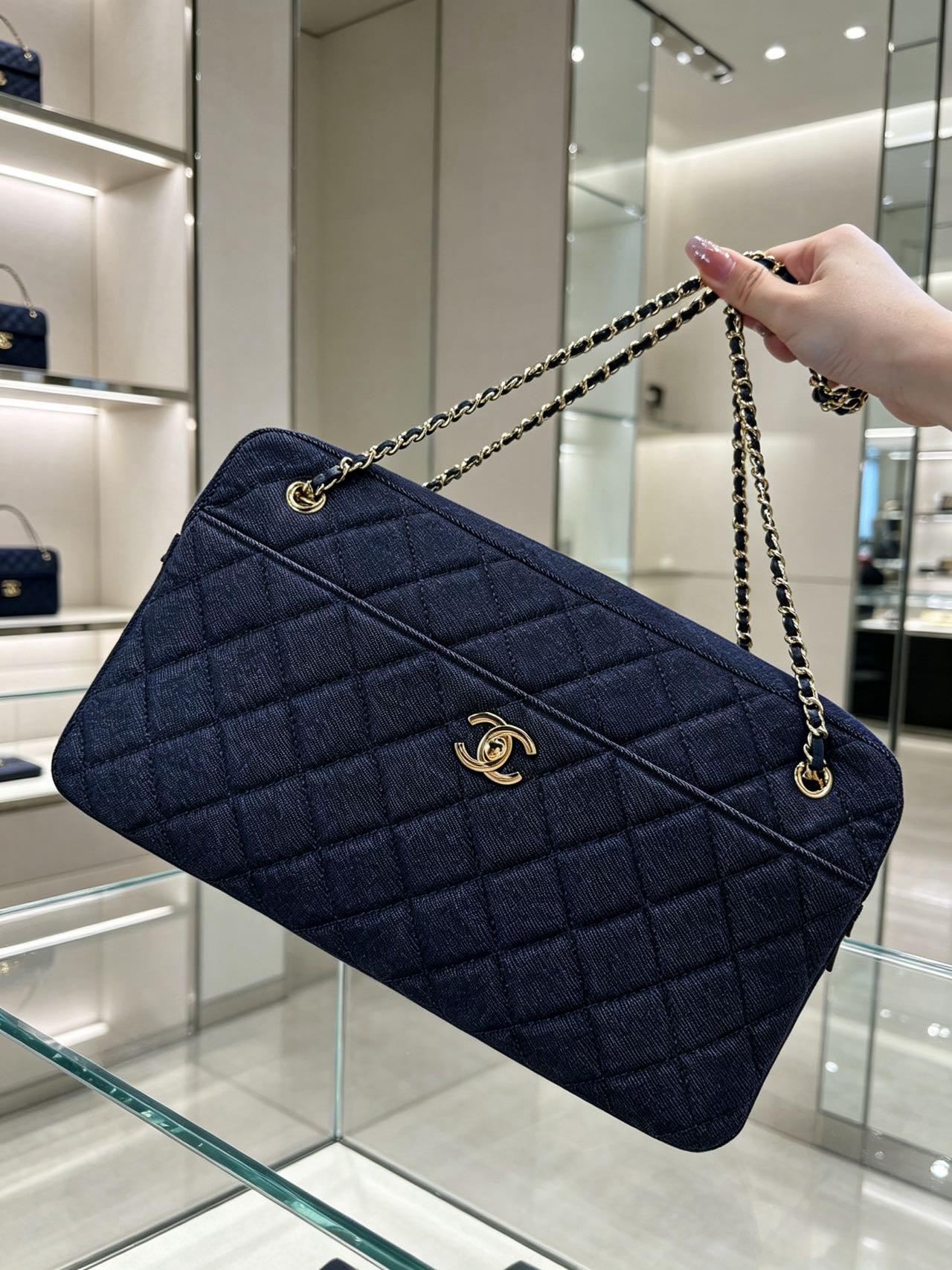 Chanel 2026 Double-chain Bowling Bag 33cm Blue Denim Leather