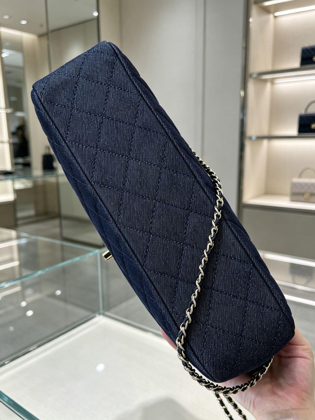 Chanel 2026 Double-chain Bowling Bag 33cm Blue Denim Leather