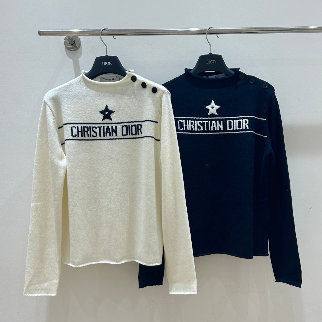 Dior 2025 Knit Sweater With Shoulder Button White and Navy Blue Wool