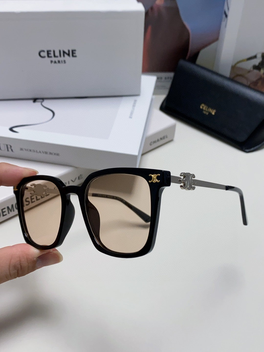 TRIOMPHE SUNGLASS 497818 IN SILVER METAL LIGHT BROWN LENSES