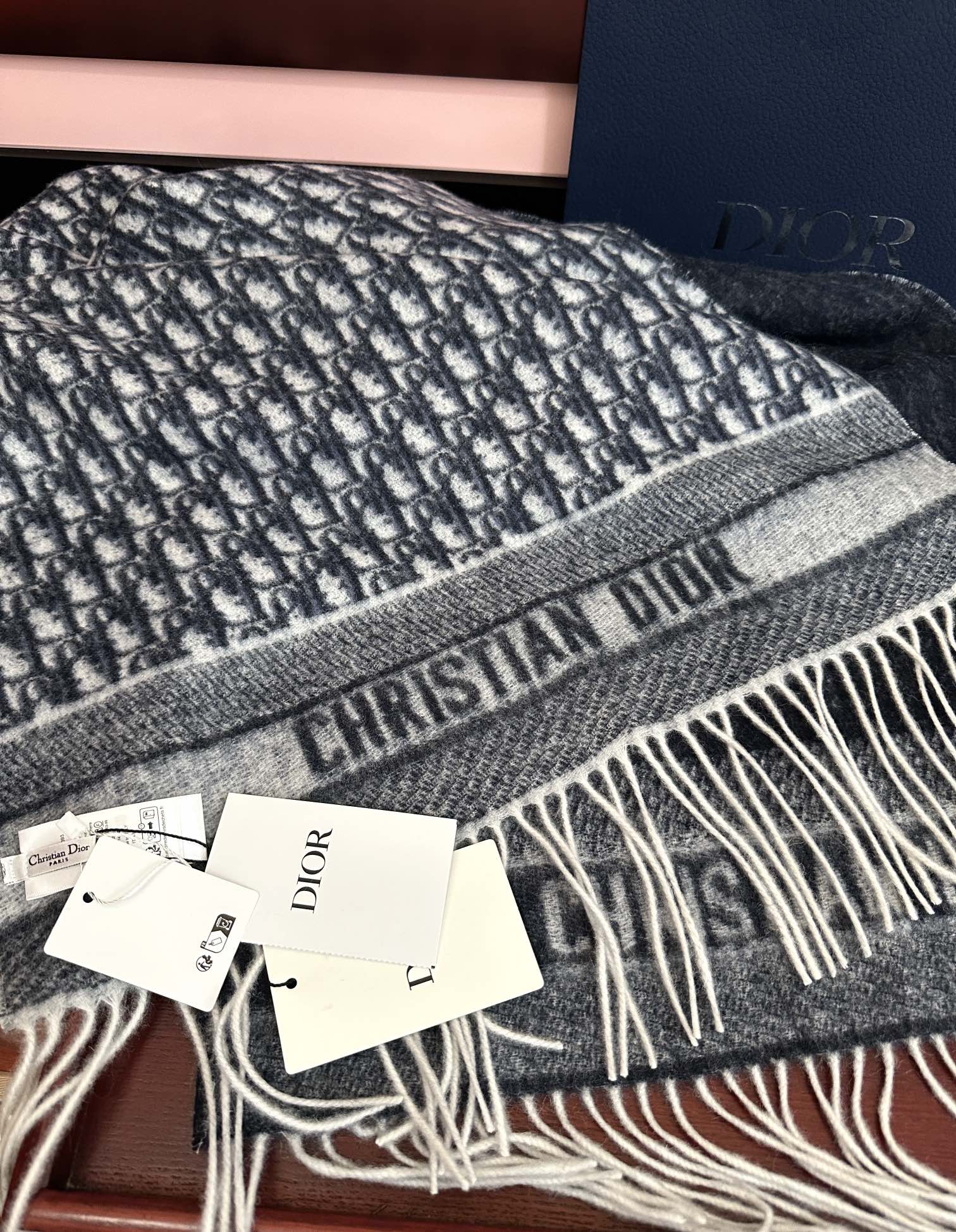 CD Oblique Print Scarf 200CM Dark Blue White Wool 292980