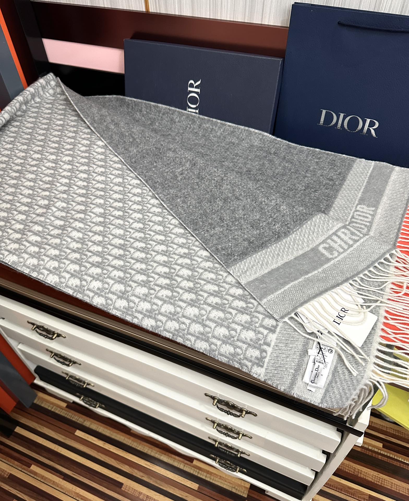 CD Oblique Print Scarf 200CM Gray White Wool 292981