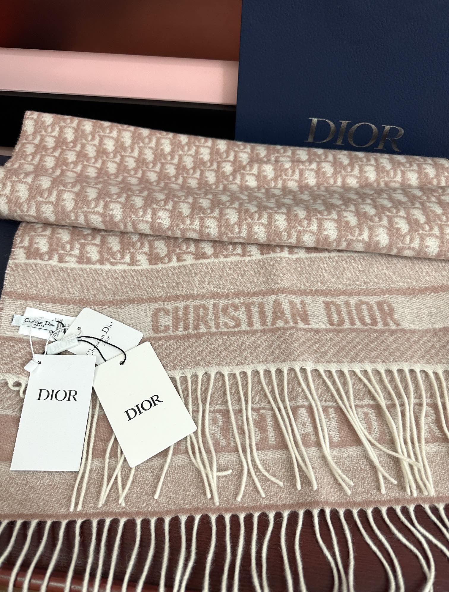 CD Oblique Print Scarf 200CM Light Pink Wool 292982