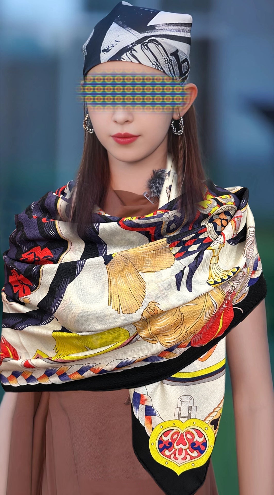 HM 25s Scarf 140cm Purple Beige Cashmere Silk 965622