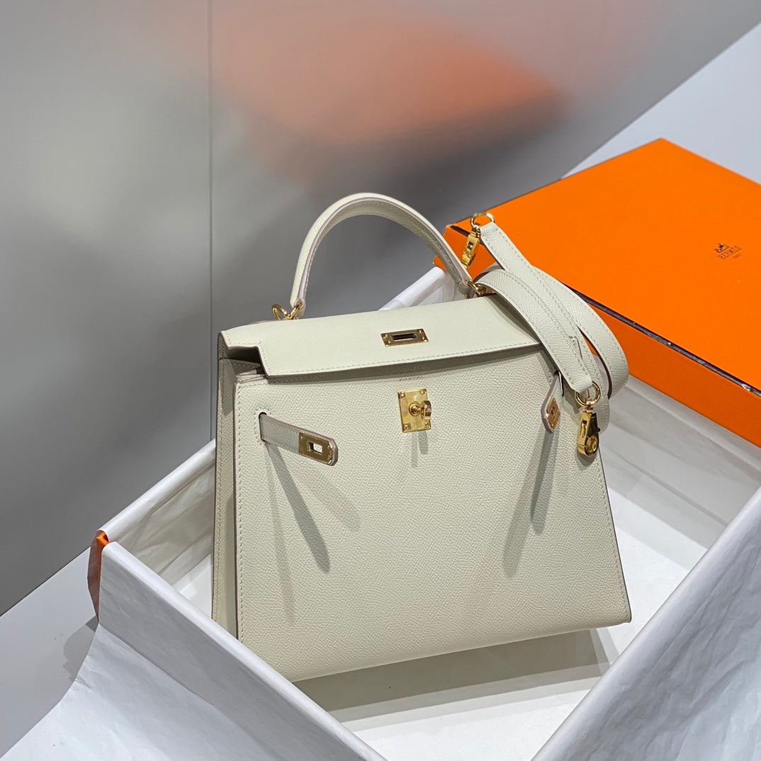 Hermes Kelly 25 Bag Milkshake White Gold Epsom Leather 249810