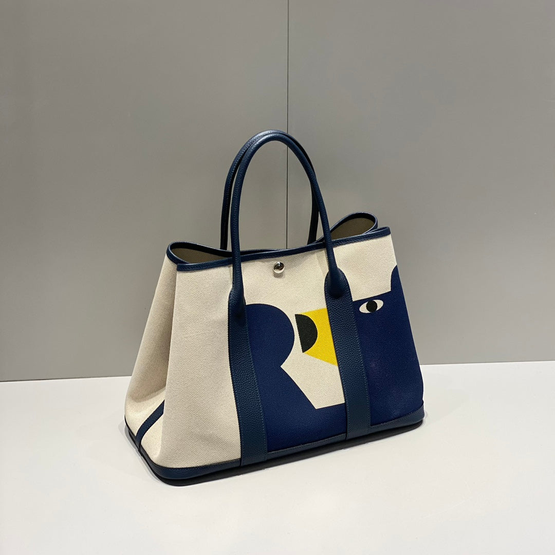 HM Garden Party 36 Beige mix Navy Blue Canvas and Negonda Calfskin 243391