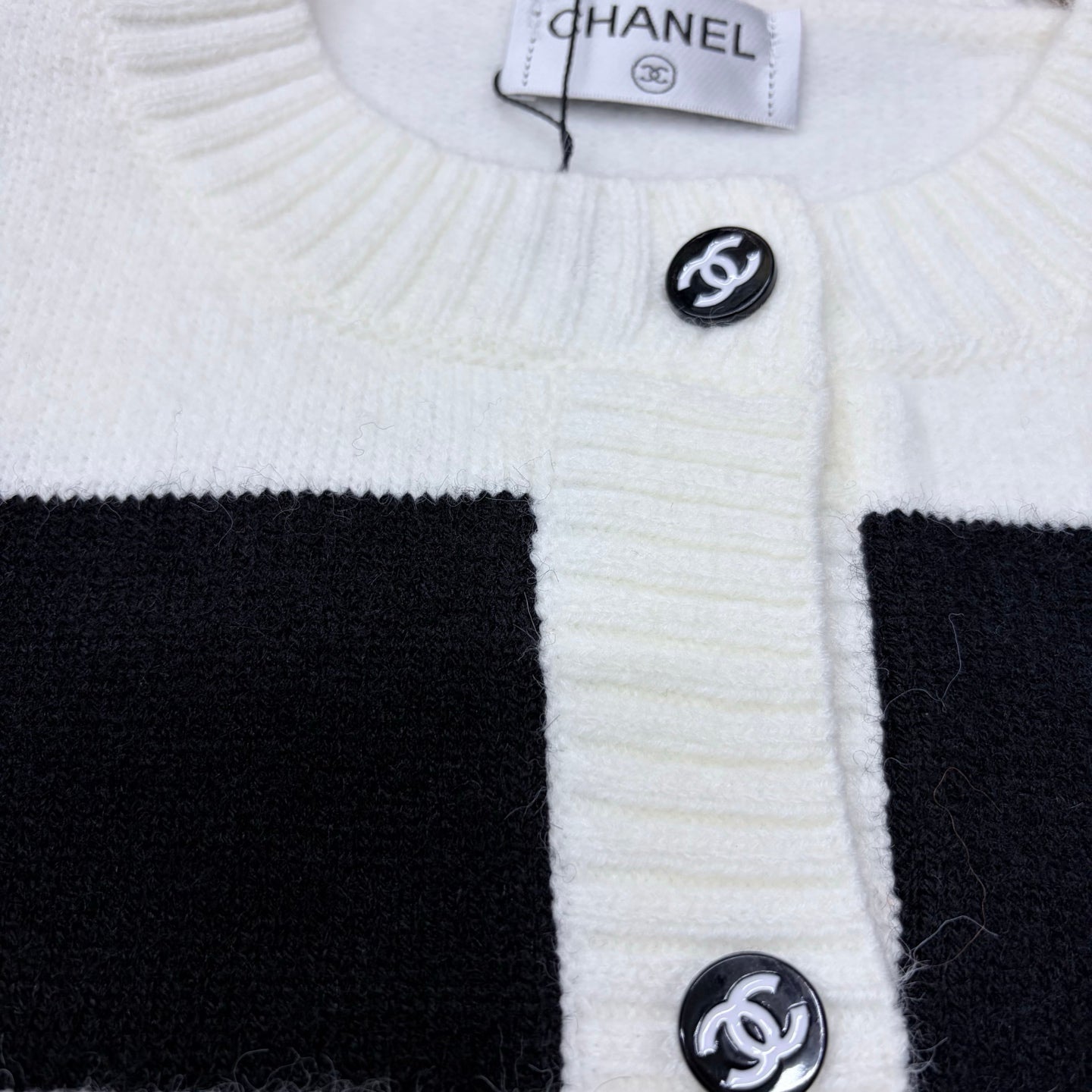 Chanel 2026 Pocket Logo Crew Neck Cardigan Black White Wool 244685