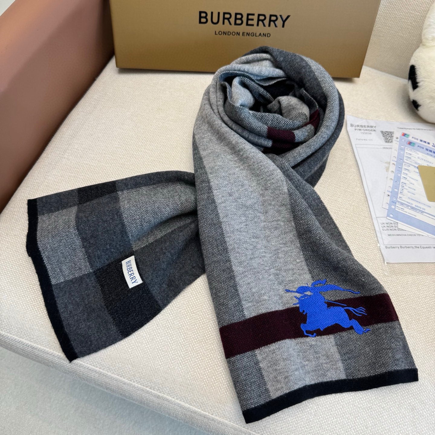 BBR Classic Embroidered Scarf 185CM Gray Black Cashmere 292807