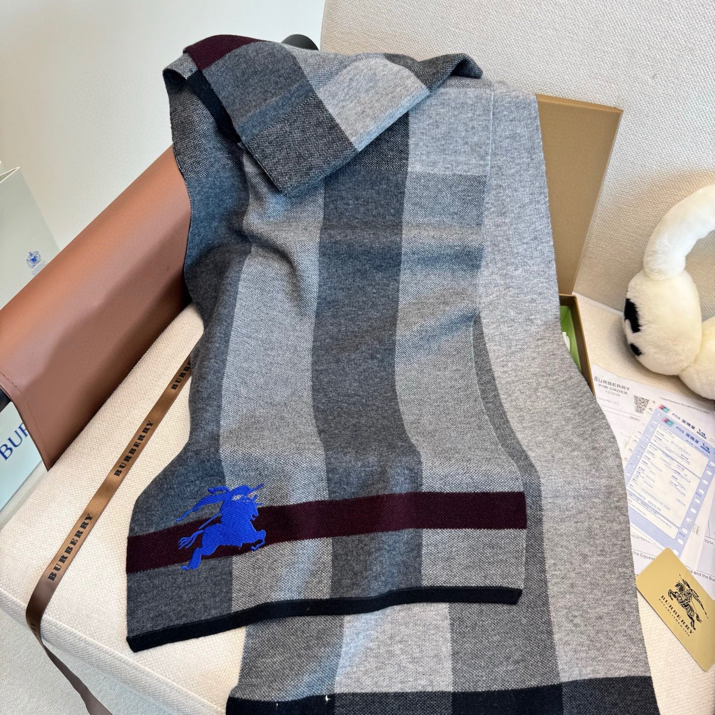 BBR Classic Embroidered Scarf 185CM Gray Black Cashmere 292807