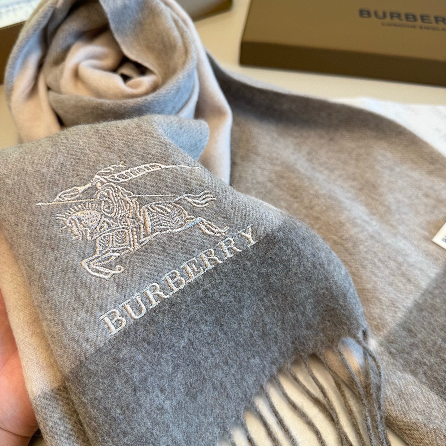 BBR Classic Embroidered Scarf 185CM Gray Brown Cashmere 292812