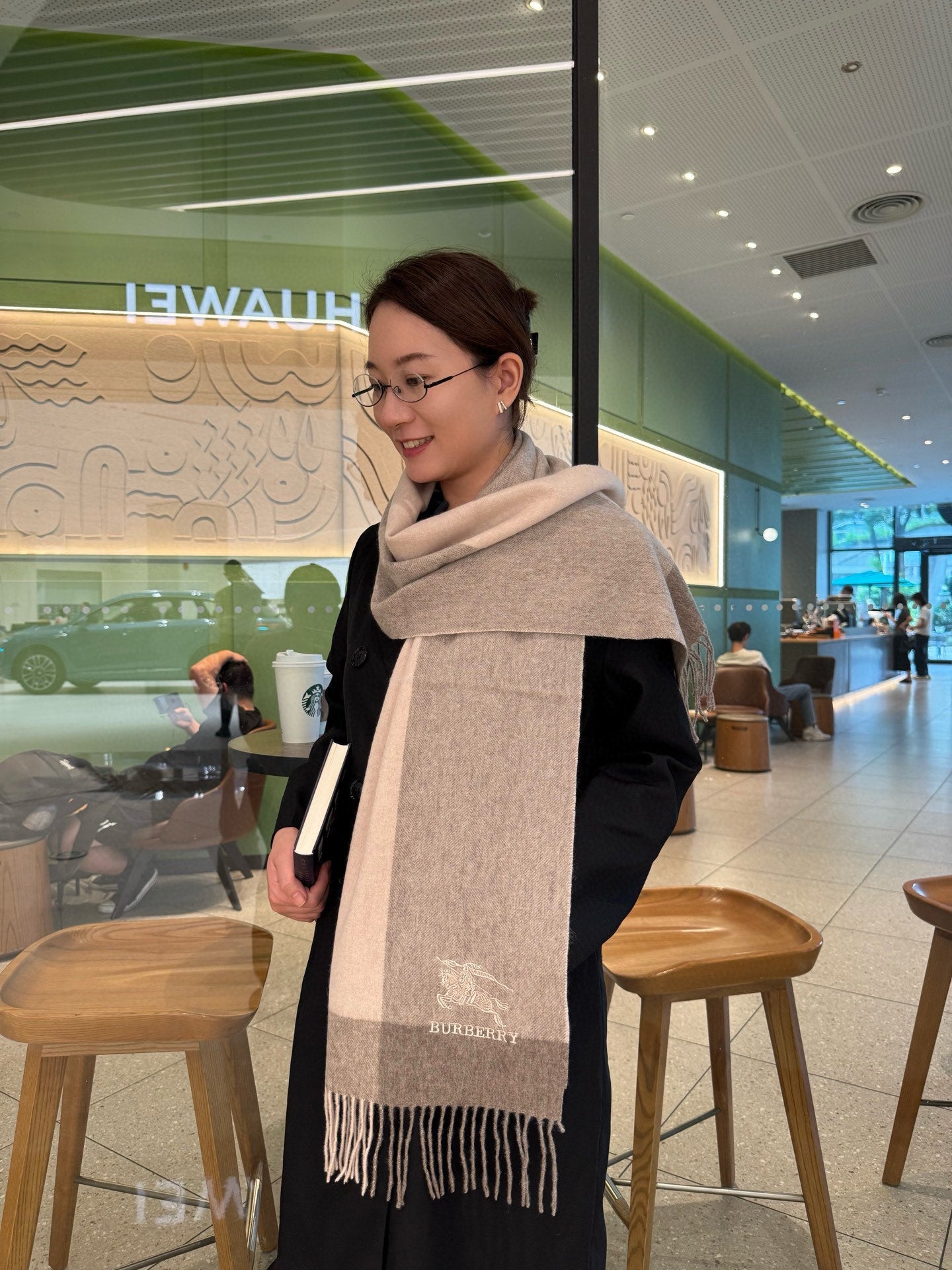 BBR Classic Embroidered Scarf 185CM Gray Brown Cashmere 292812