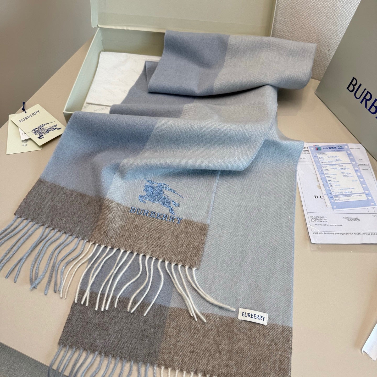 BBR Classic Embroidered Scarf 185CM Light Blue Cashmere 292813