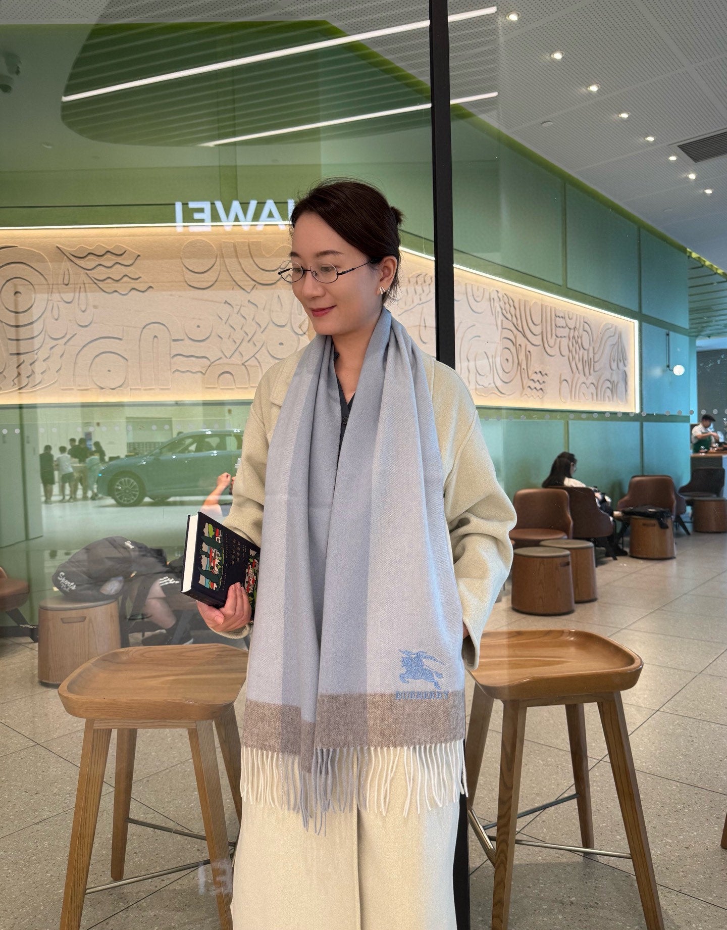 BBR Classic Embroidered Scarf 185CM Light Blue Cashmere 292813