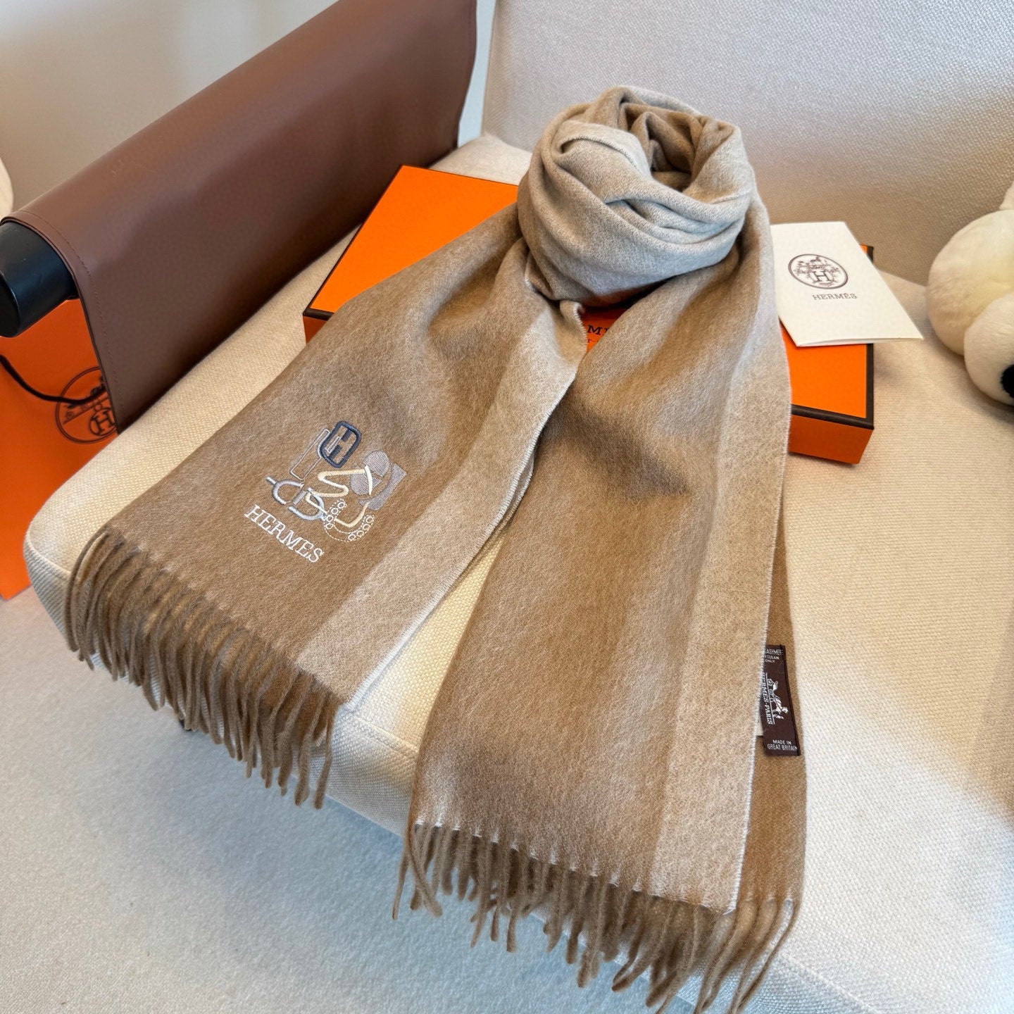 BBR Classic Embroidered Scarf 185CM Beige Cashmere 292823