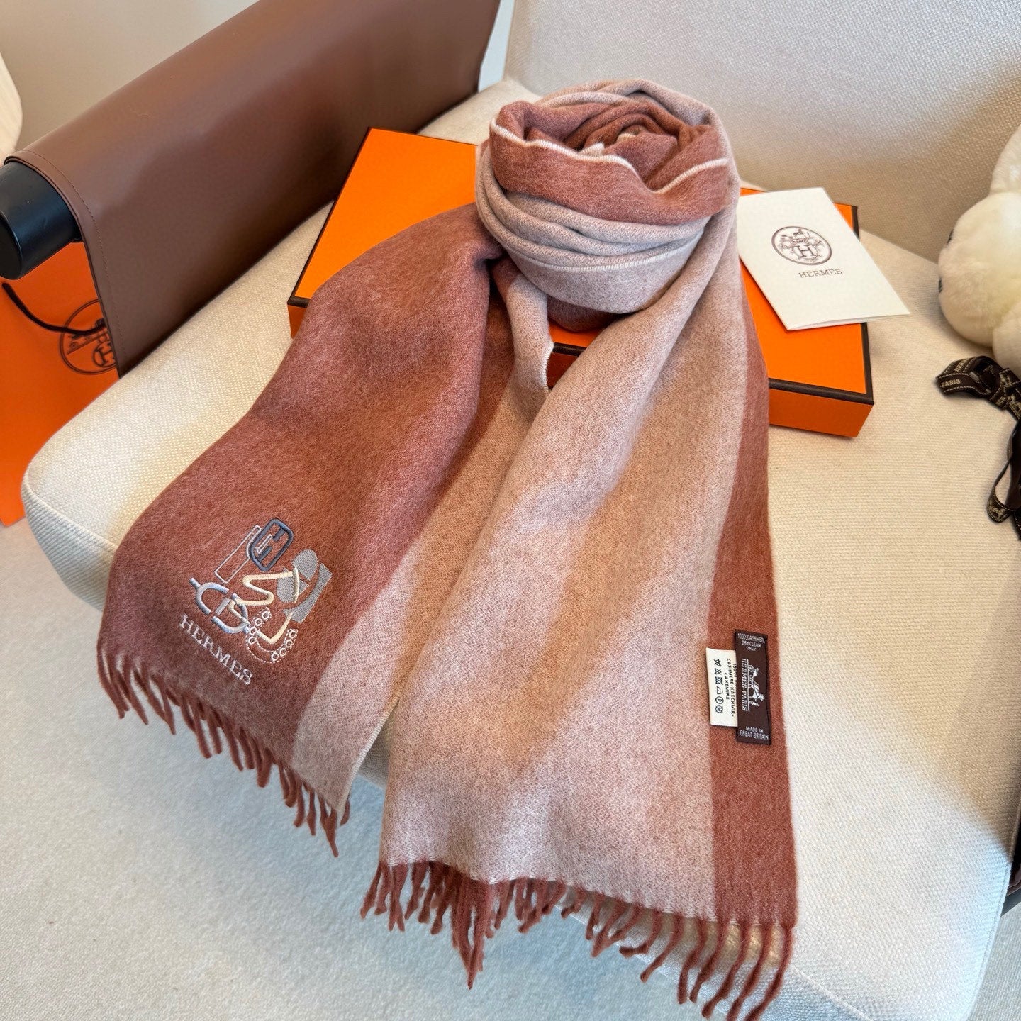 BBR Classic Embroidered Scarf 185CM Dusty Rose Cashmere 292825