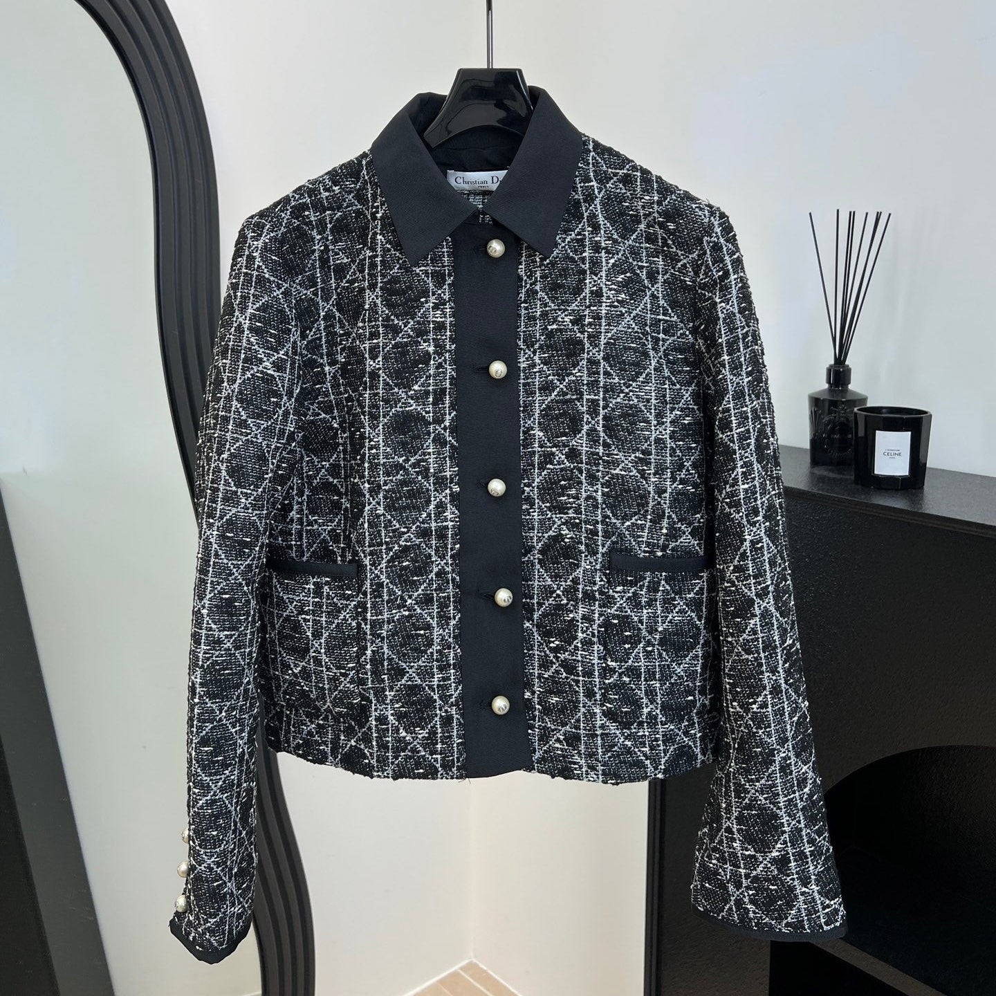 Dior 2025  Cannage Tweed Jacket with Pearl Buttons Black White Cotton