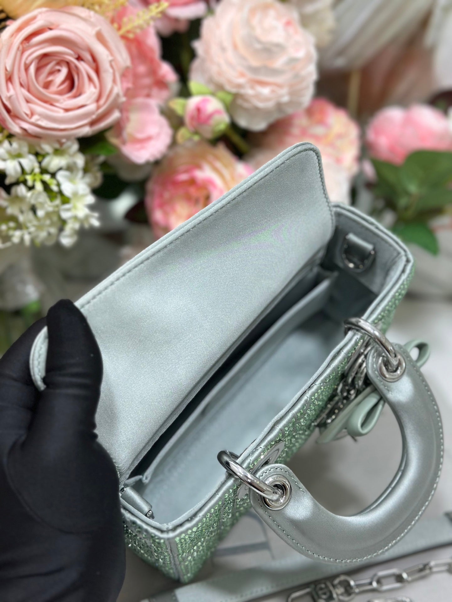 Dior 2026 Dior 2026 Lady D-Joy Bag 19cm Green Cannage Satin and Strass 166357