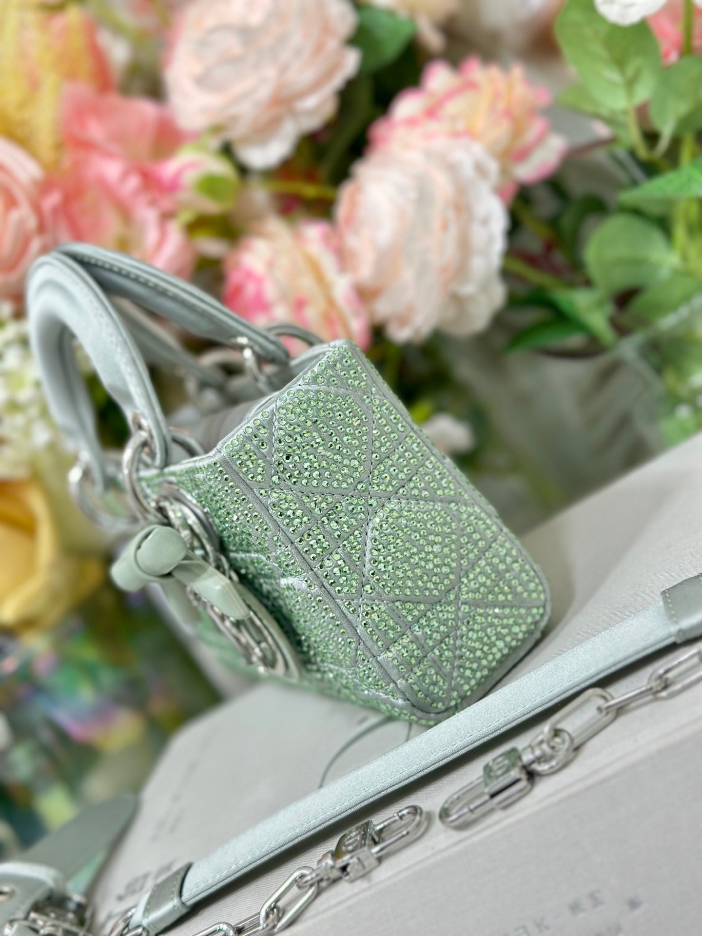 Dior 2026 Dior 2026 Lady D-Joy Bag 19cm Green Cannage Satin and Strass 166357