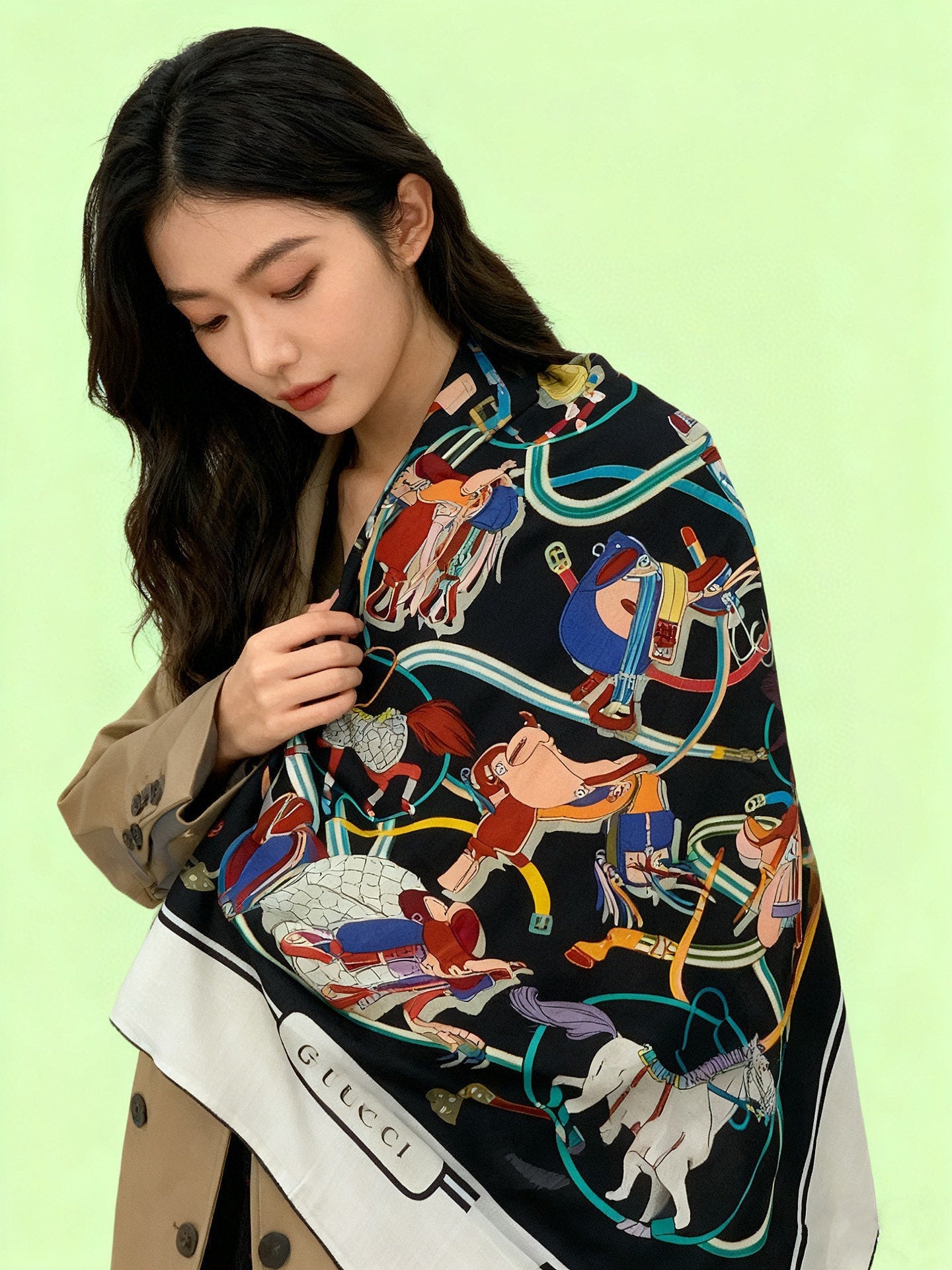 GG Horsebit 135CM  Black Colorful Cashmere Silk 275259