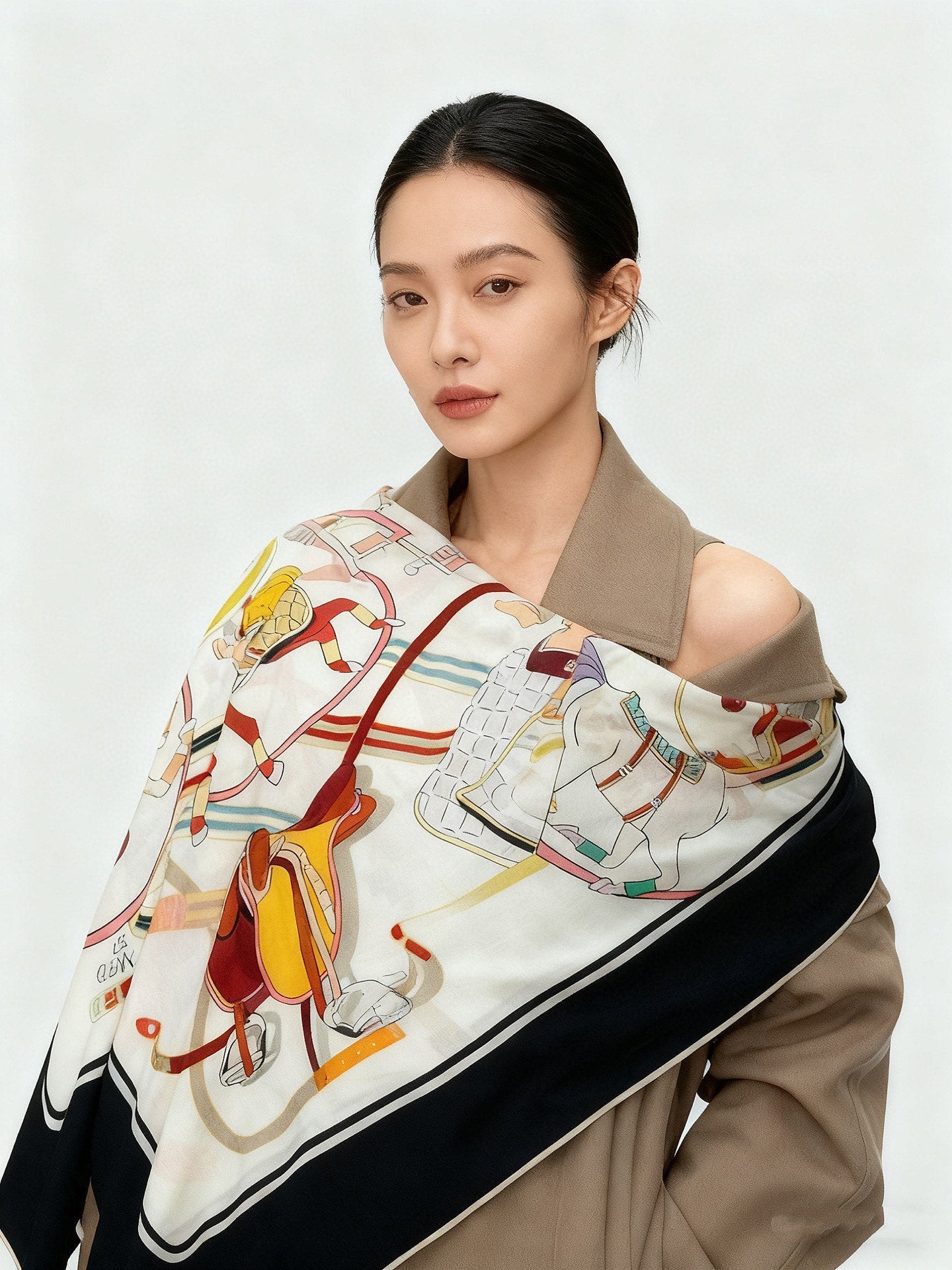 GG Horsebit 135CM White Black Cashmere Silk 275260