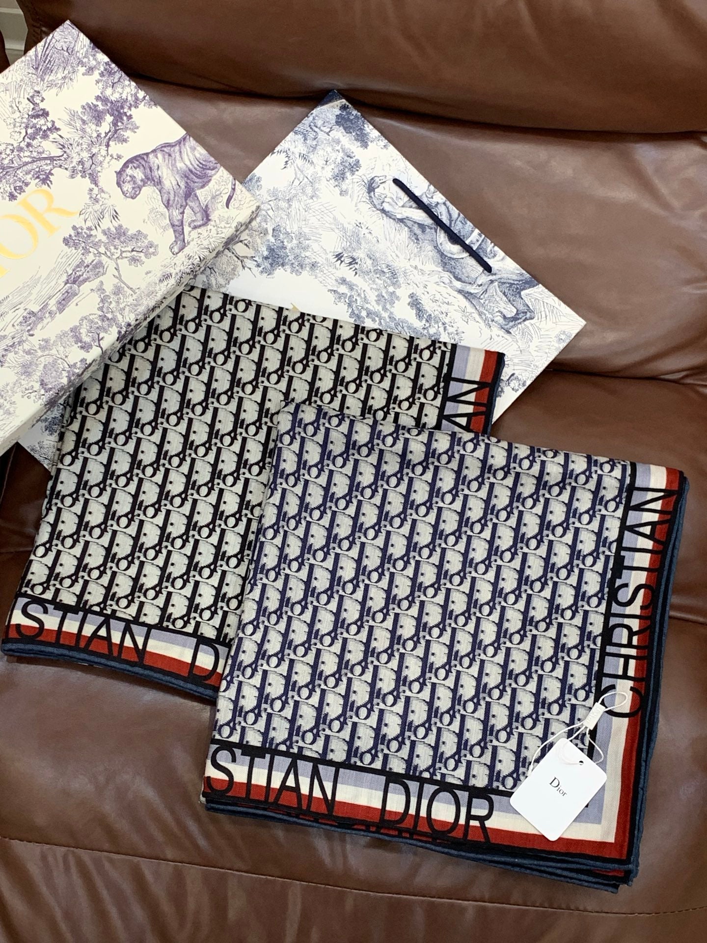 CD Monogram Scarf 140CM Dark Blue Cream Cashmere 293188