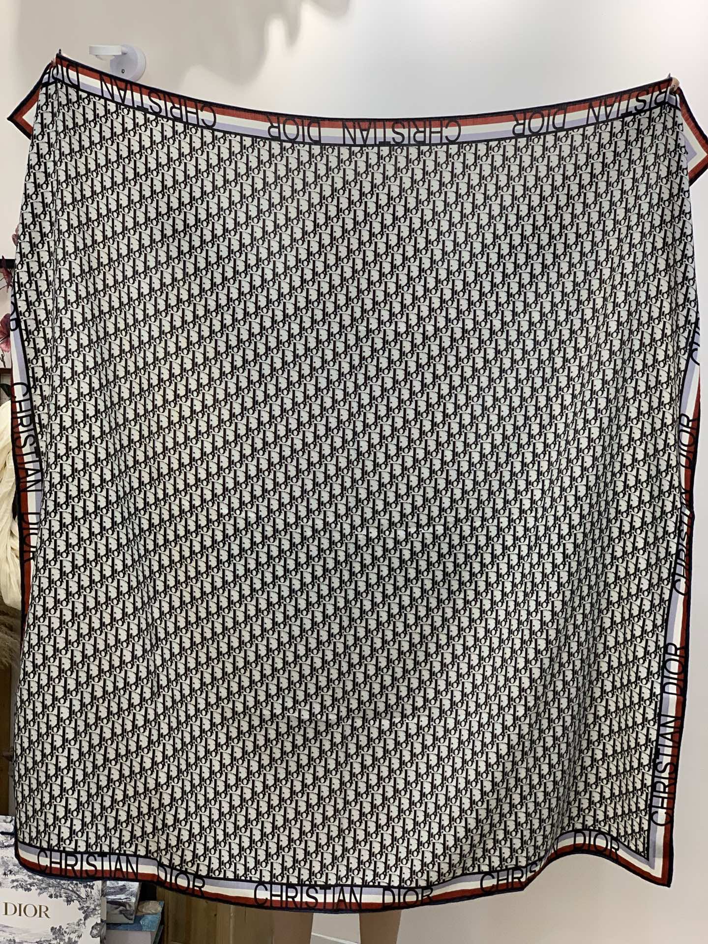 CD Monogram Scarf 140CM Dark Blue Cream Cashmere 293188