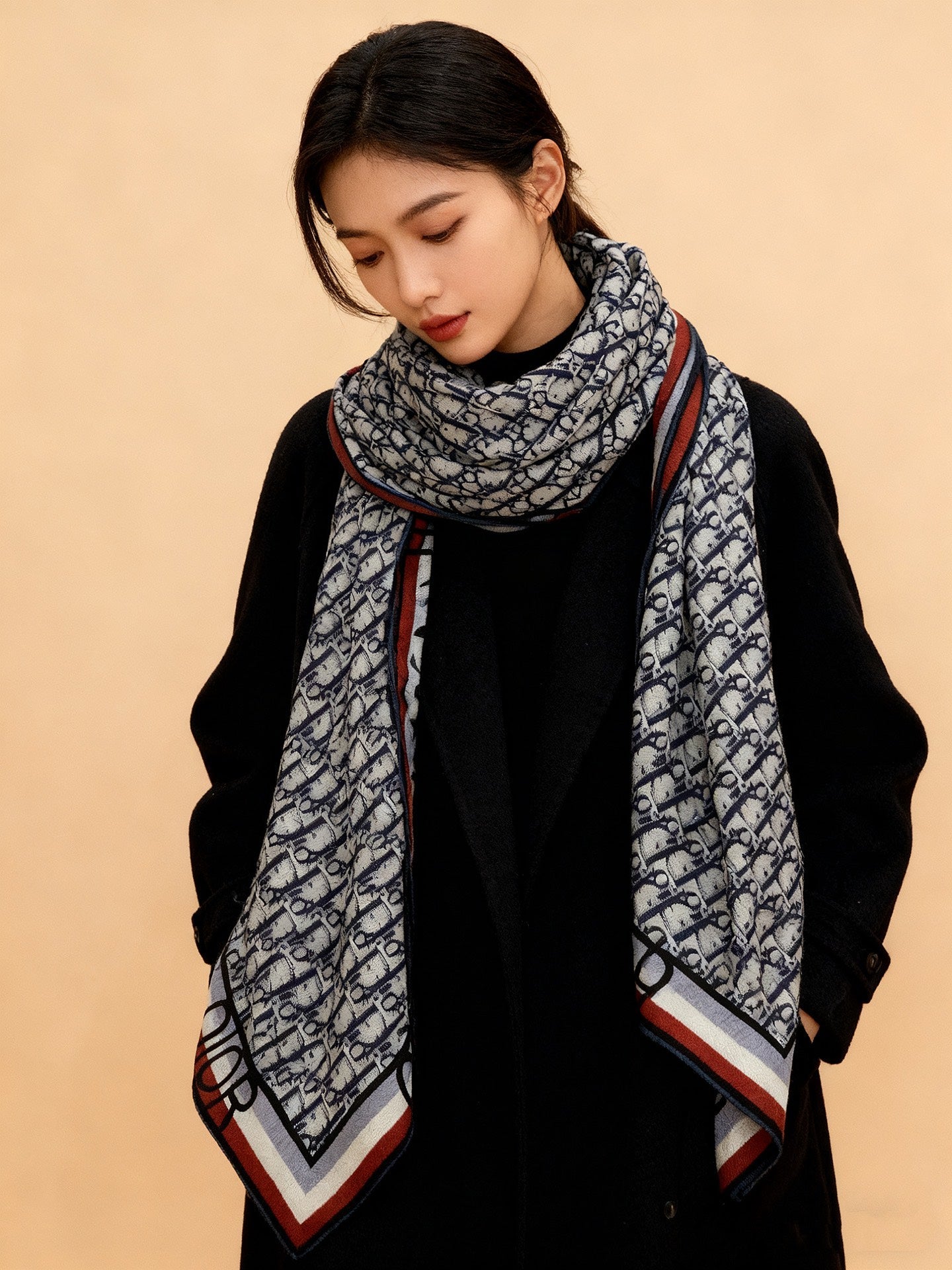 CD Monogram Scarf 140CM Dark Blue White Cashmere 293187
