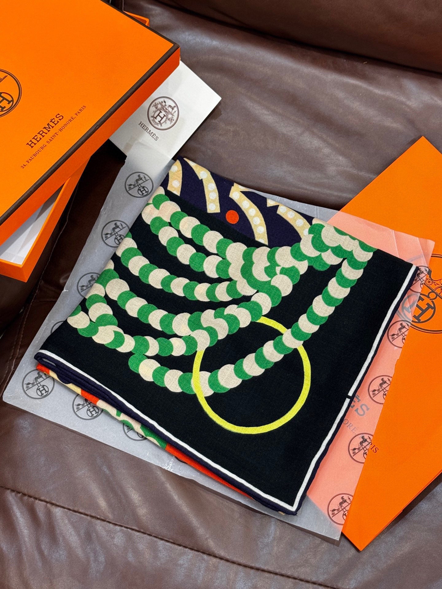 HM Dressage Tressage 140 CM Black Green Colorful Cashmere And Silk 293231