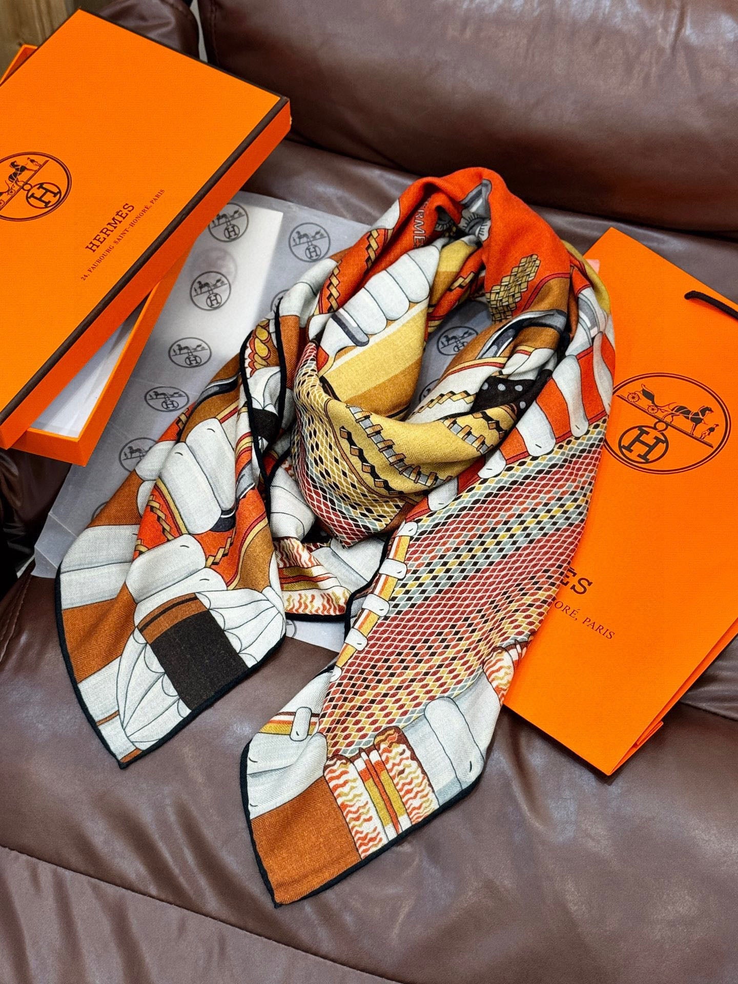 HM Dressage Tressage 140 CM Orange Brown Colorful Cashmere And Silk 293242