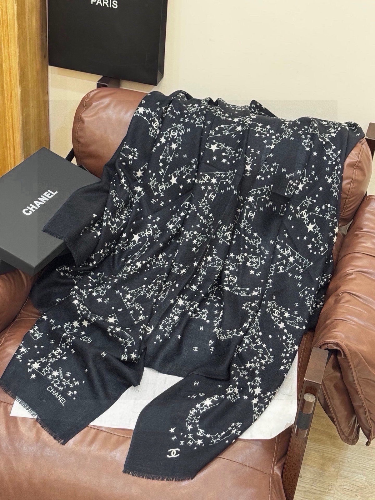 Chanel 2026 Logo Pattern Scarf 200cm Black Cashmere 211959