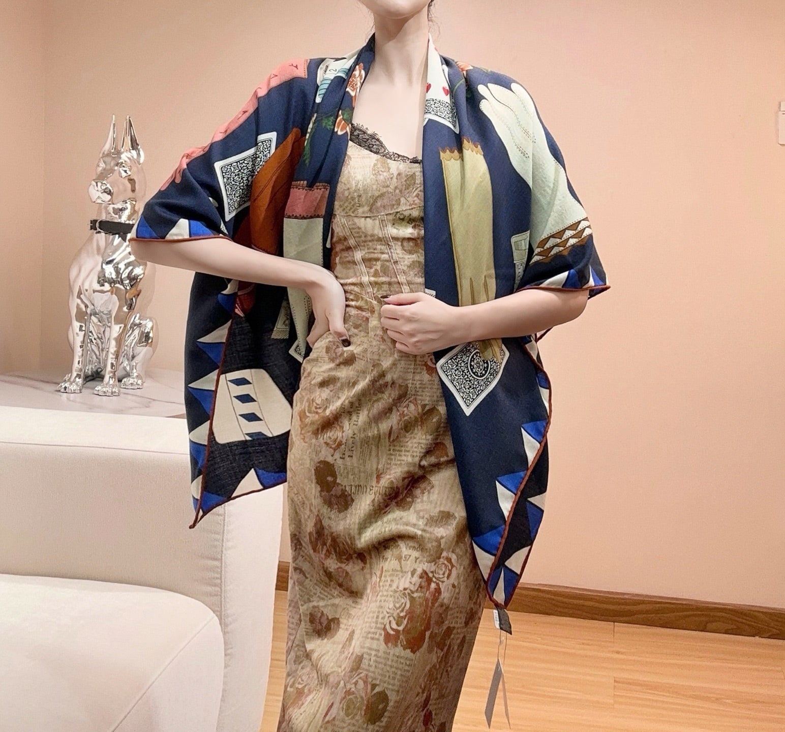 HM 25s Glove Time Scarf 135cm Blue Wool Mulberry Silk 971106