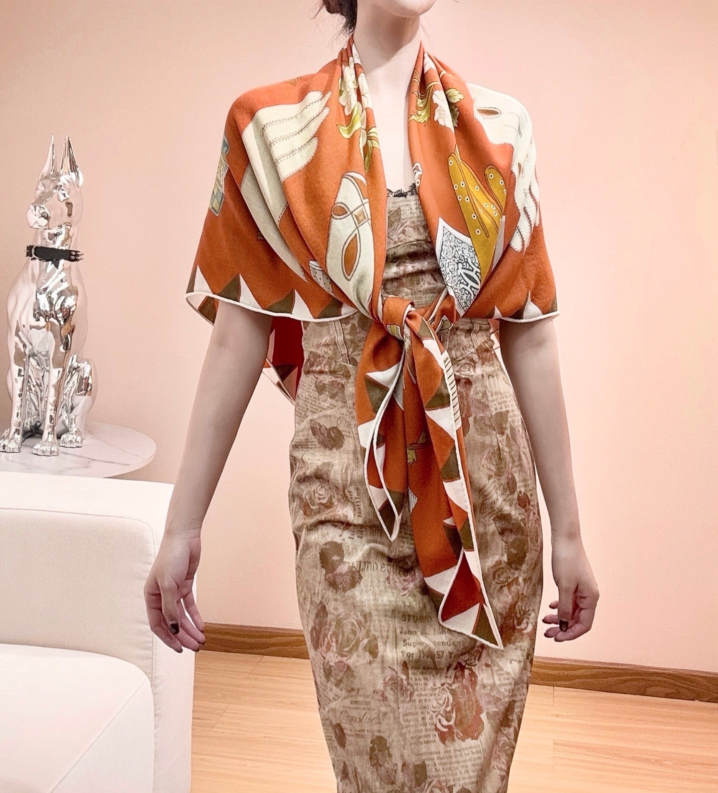 HM 25s Glove Time Scarf 135cm Orange Wool Mulberry Silk 971107