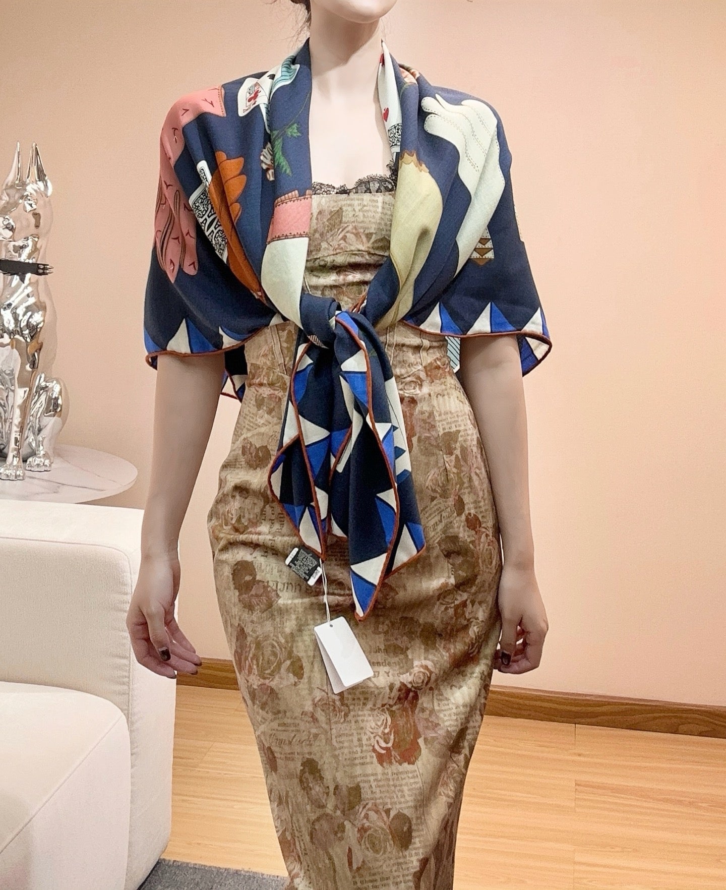 HM 25s Glove Time Scarf 135cm Blue Wool Mulberry Silk 971106