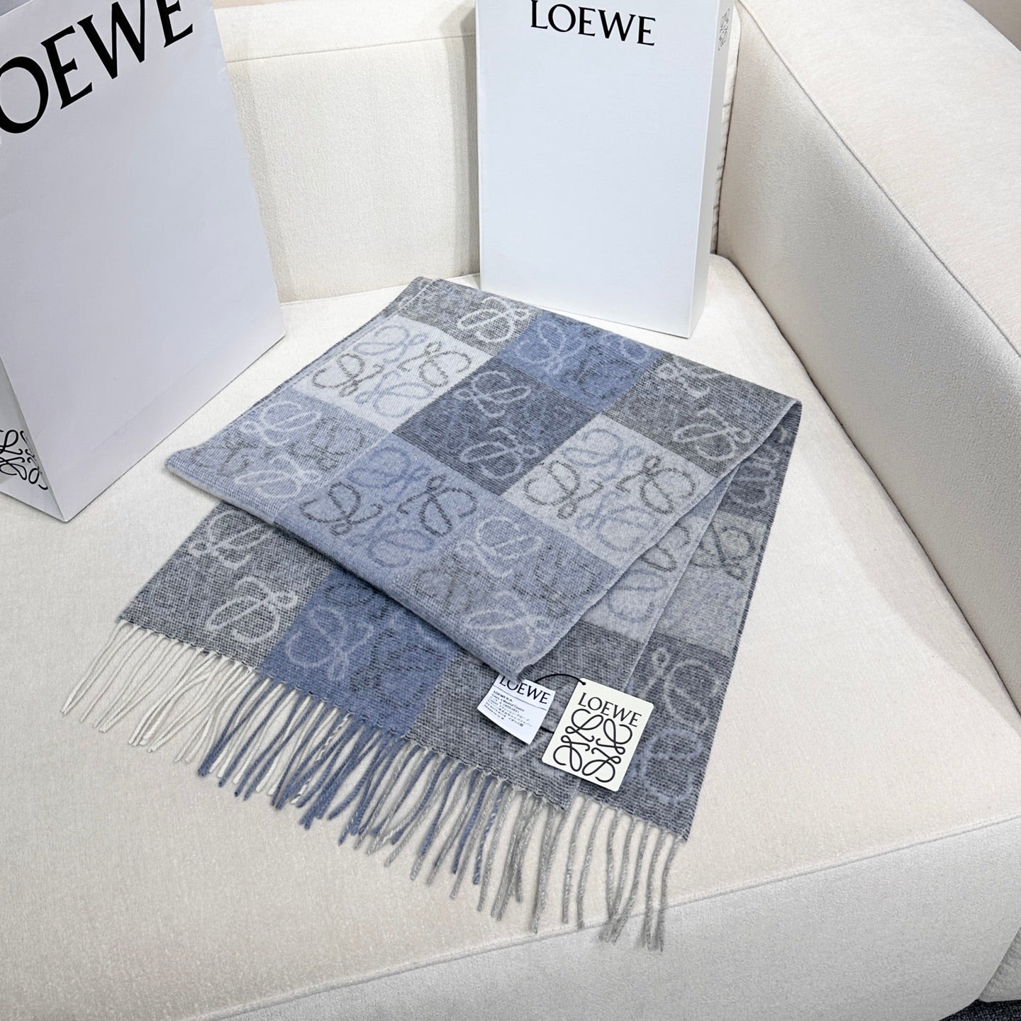 Loewe Scarf 180CM  Light Blue Gray Wool Cashmere 968613