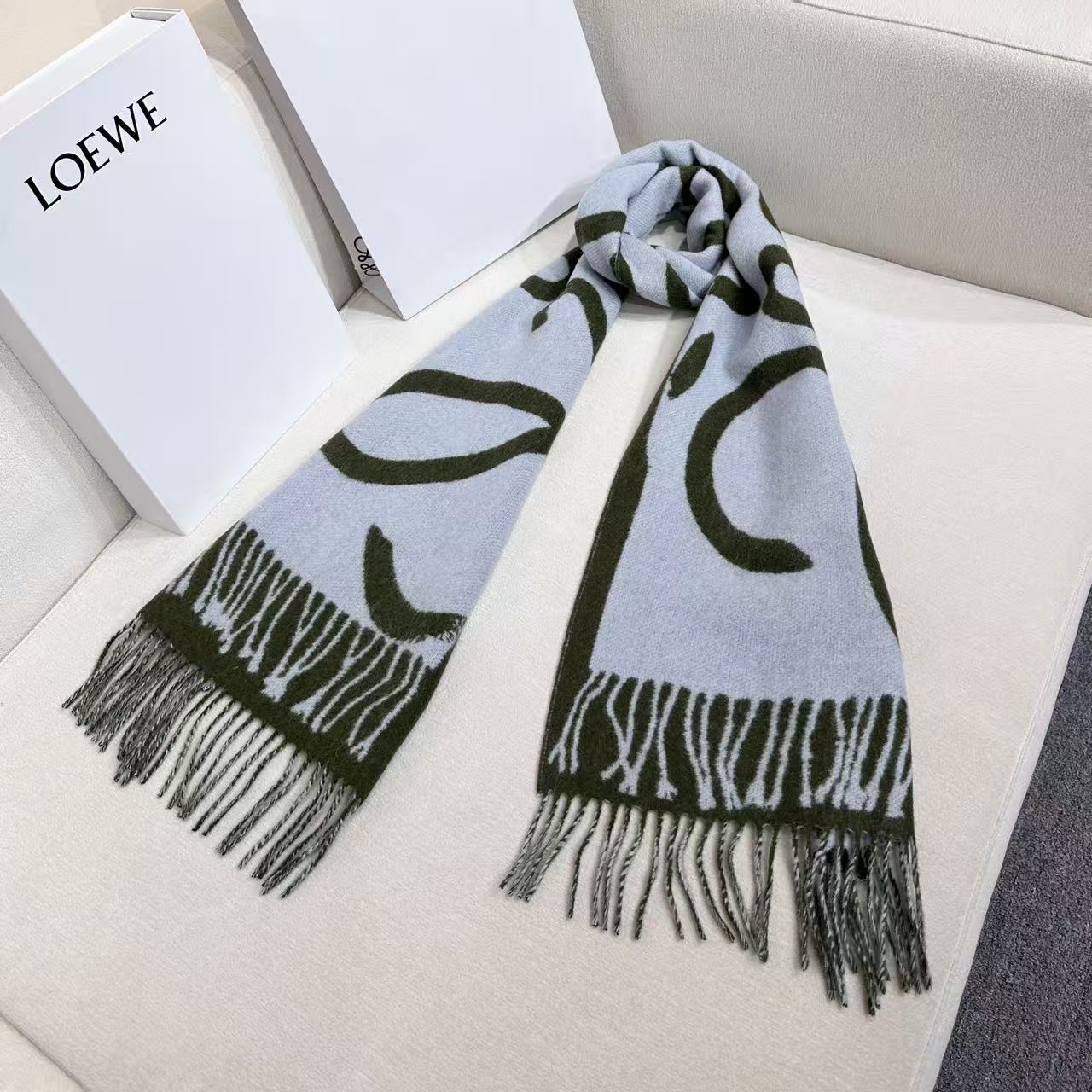 Loewe Scarf 180CM Green Baby Blue Cashmere 962790