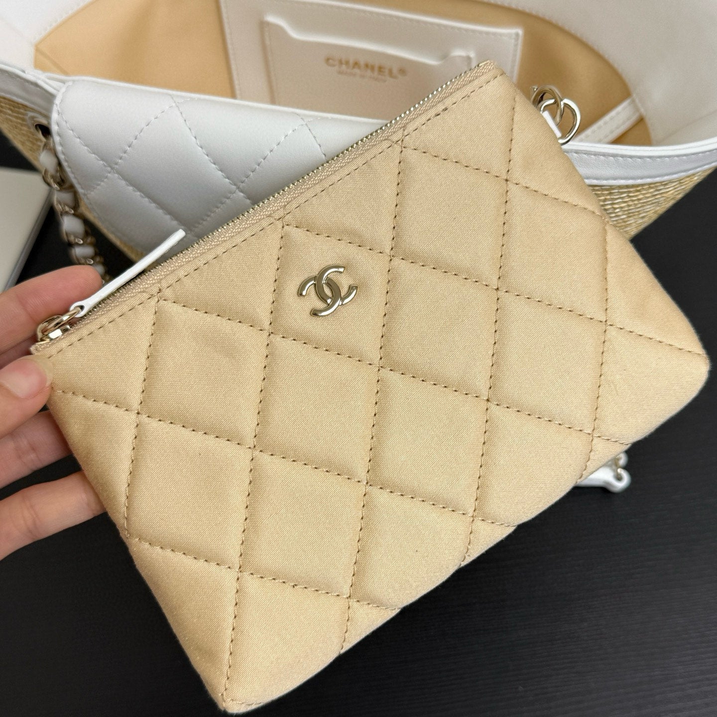 Chanel 2026 Shopping Bag 34cm Beige White Straw Lambskin