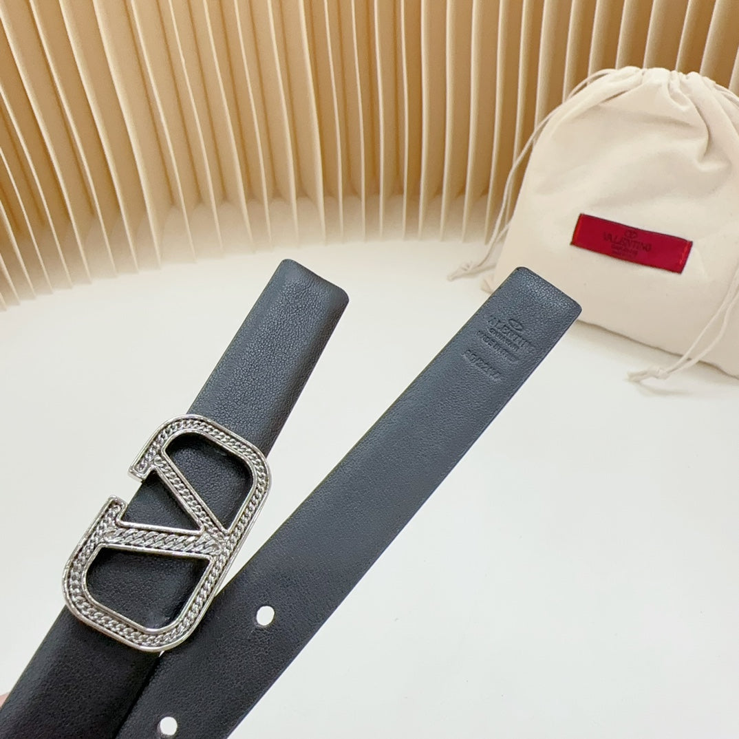 Vlogo Buckle Water Wave Silver Copper Glossy Black Leather 20mm Belt