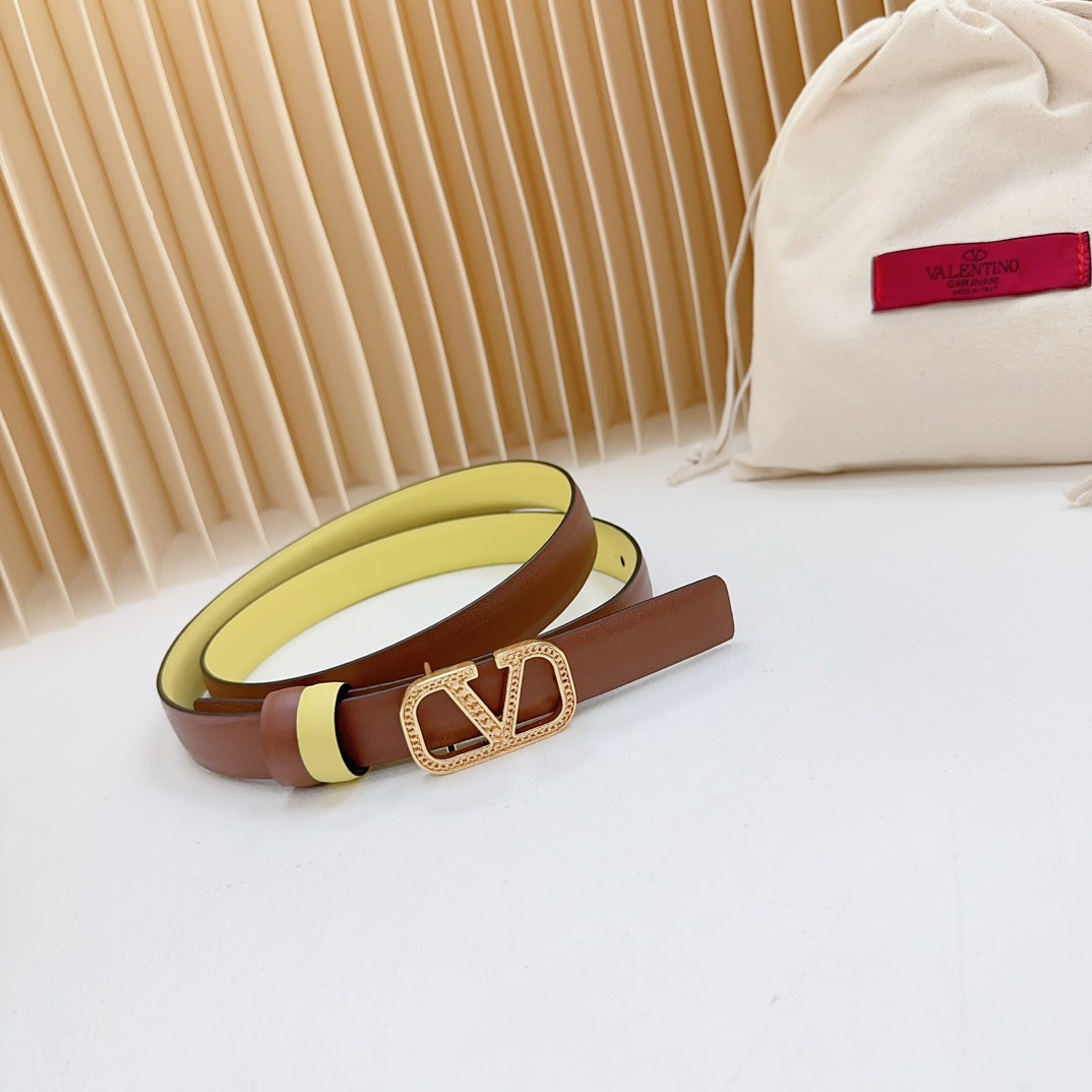 Vlogo Buckle Water Wave Gold Copper Glossy Brown Yellow Leather 20mm Belt