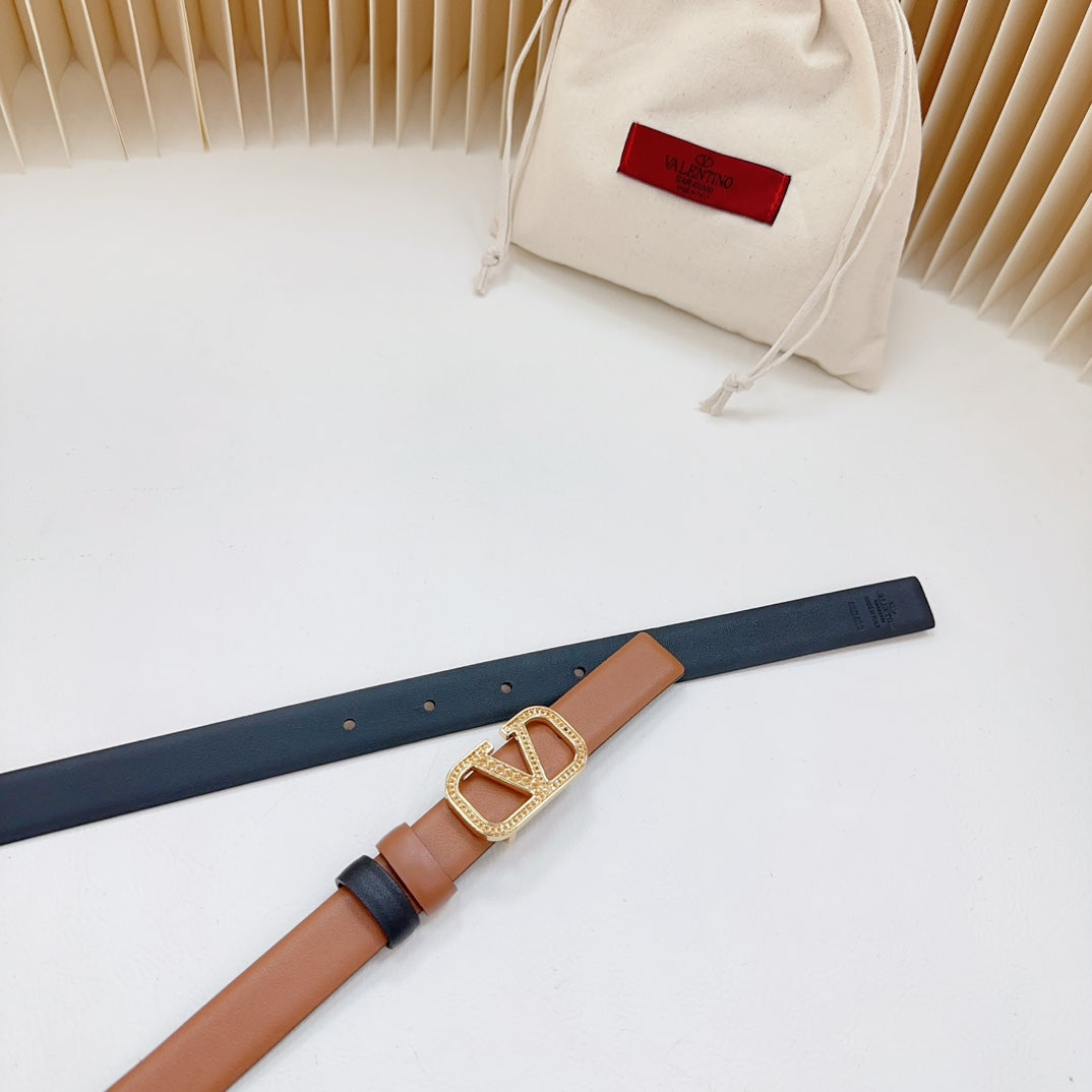 Vlogo Buckle Water Wave Gold Copper Glossy Brown Black Leather 20mm Belt