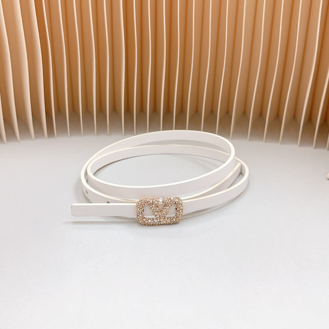 VL Belt 8mm Buckle Gold Diamond Leather White