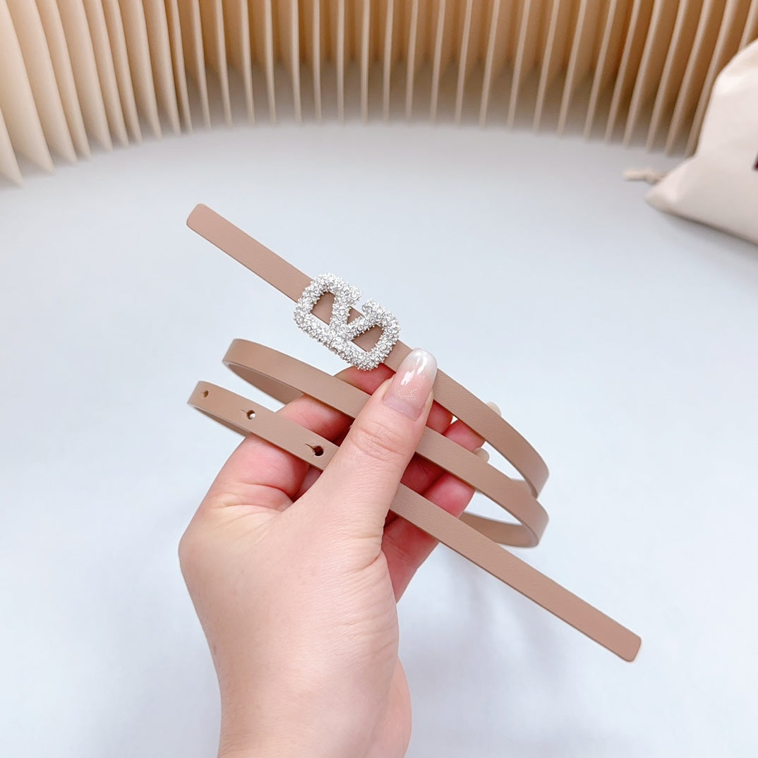 VL Belt 8mm Buckle Silver Diamond Leather Beige