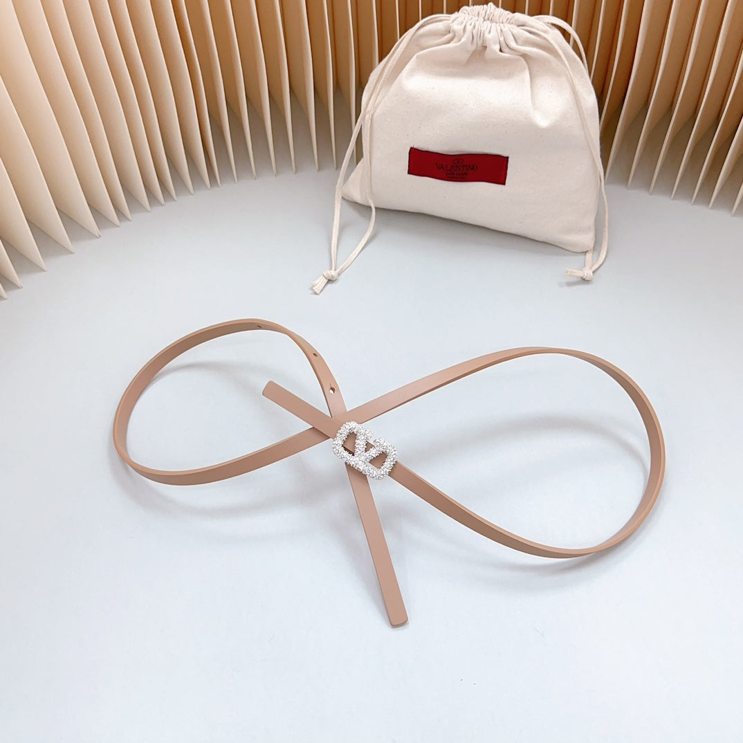 VL Belt 8mm Buckle Silver Diamond Leather Beige