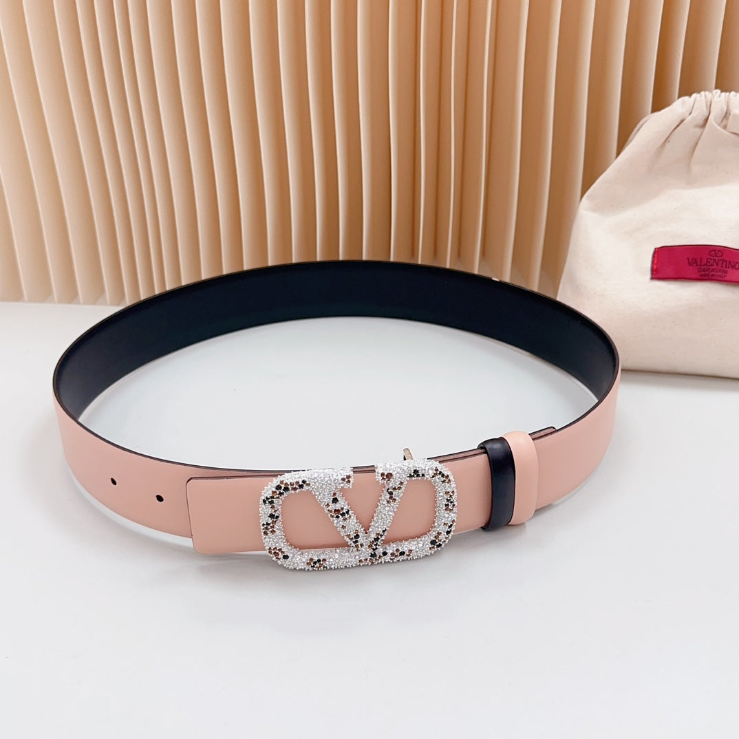 Vlogo Brown Black White Stone Silver Buckle Belt 40mm Black Light Pink Leather