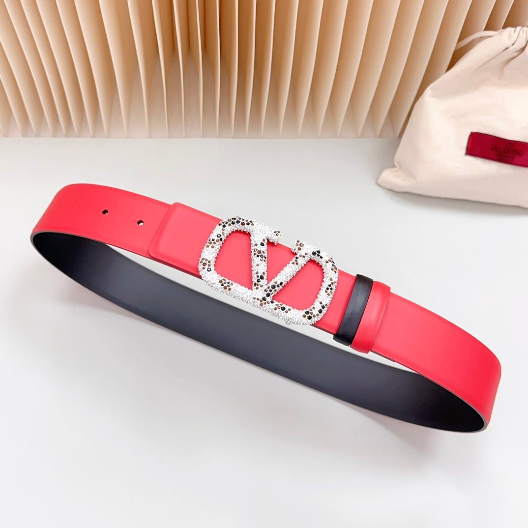 Vlogo Brown Black White Stone Silver Buckle Belt 40mm Red Black Leather