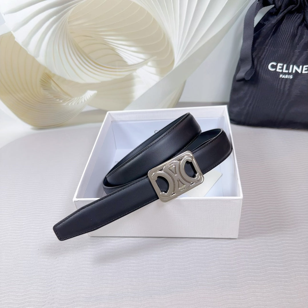 CL MEDIUM 25 MM REVERSIBLE FRAMED TRIOMPHE BELT BLACK CALFSKIN LIGHT SILVER HARDWARE