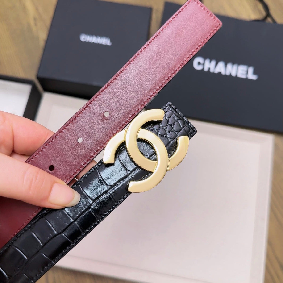 Chanel 2026 Crocodile Embossed Belt 30mm Leather 218762