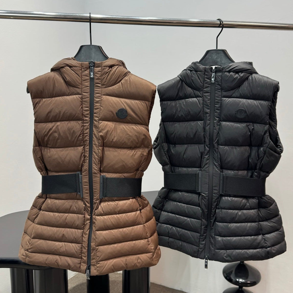 Moncler 2026 Melia Hooded Vest Brown And Black Down Polyester